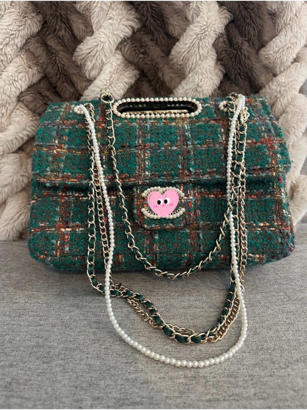 Green Tweed Chain Shoulder Bag with Pearl Trim